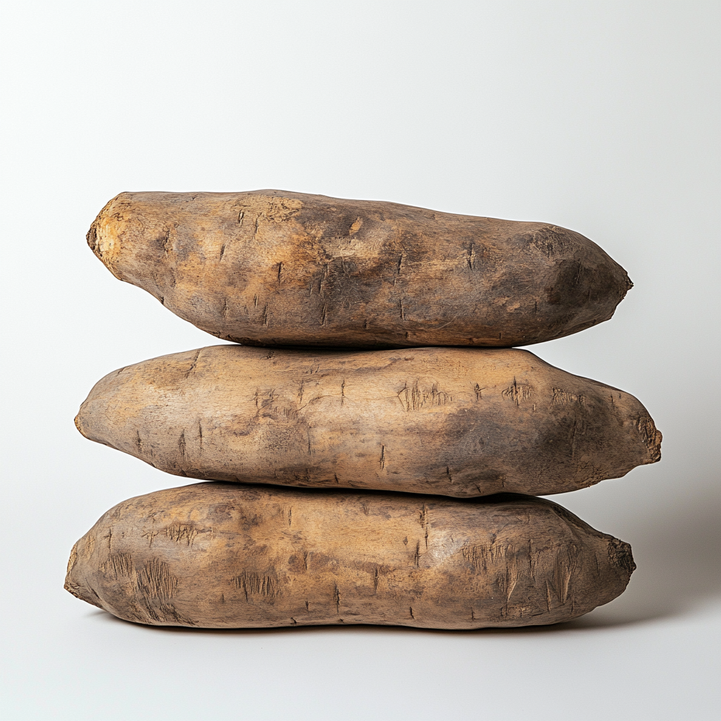 Three long, thick wild yams layered horizontally.