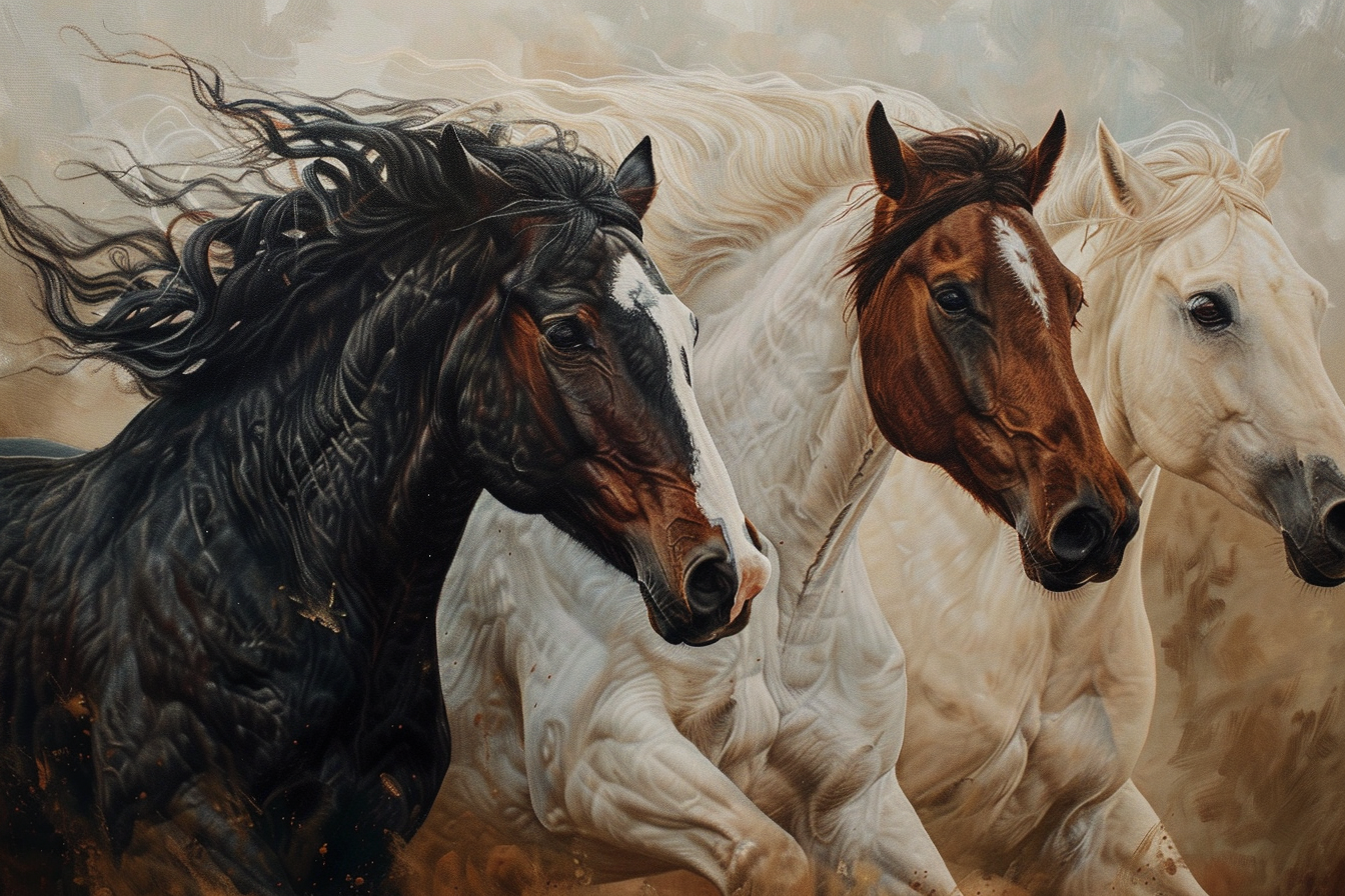 Three majestic horses in soft oil painting