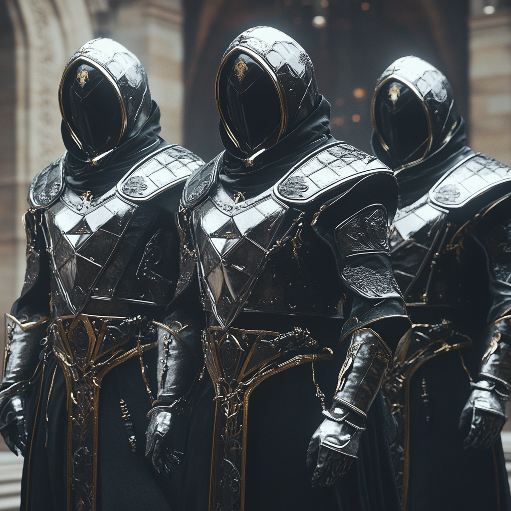 Three men in detailed geometric armor standing heroically