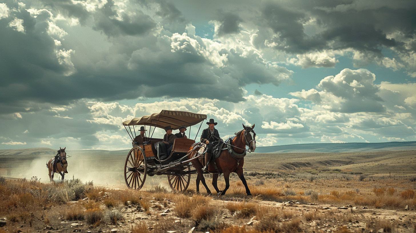 Three men riding horse-drawn buggy in cinematic style.