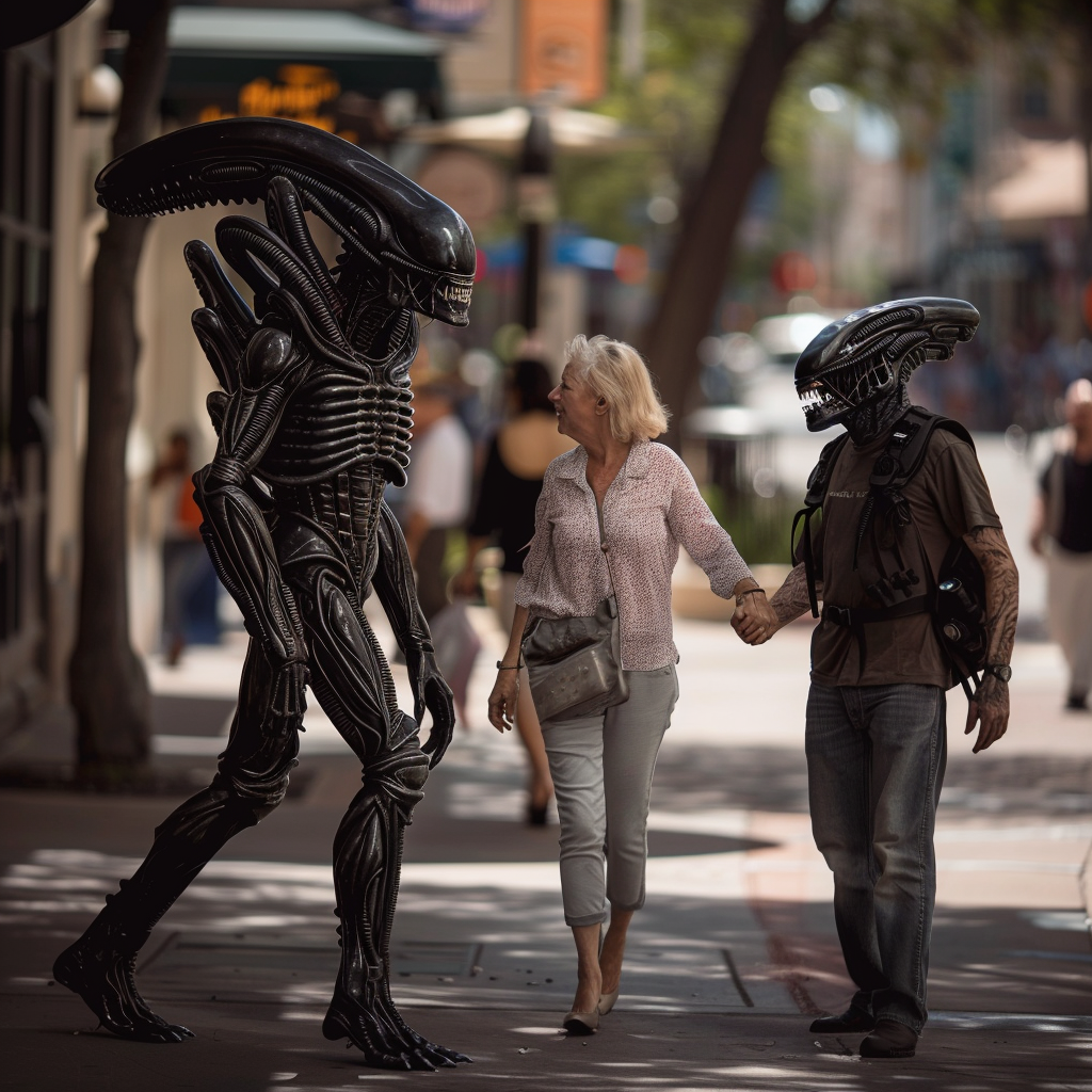 Three parties depicted - alien, predator, and woman.