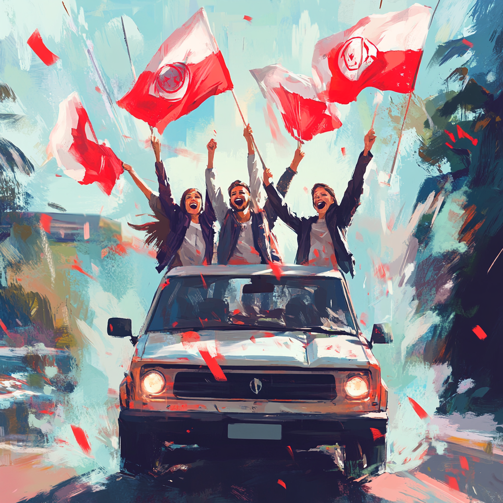 Three people holding Georgian flags celebrating football championship win.