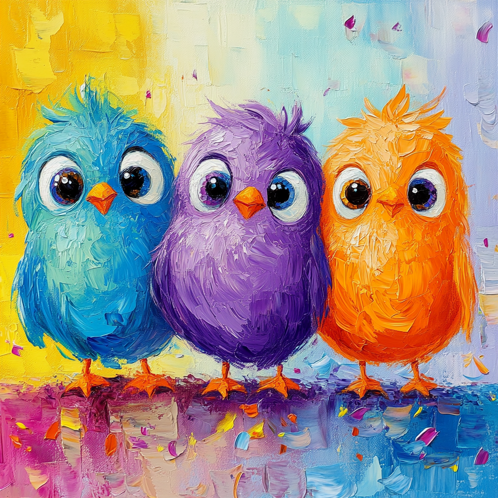 Three playful, colorful birds on vibrant rainbow background.