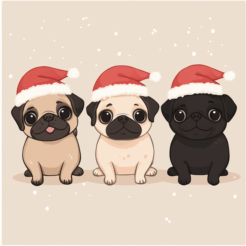 Three playful pugs in Santa hats, holiday clipart.