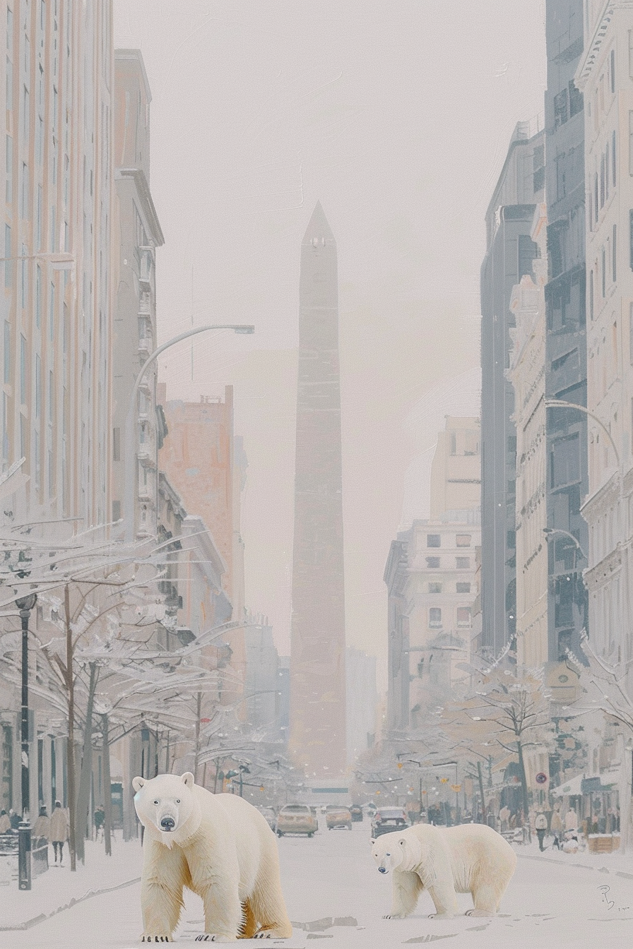 Three polar bears on street with Buenos Aires obelisk.