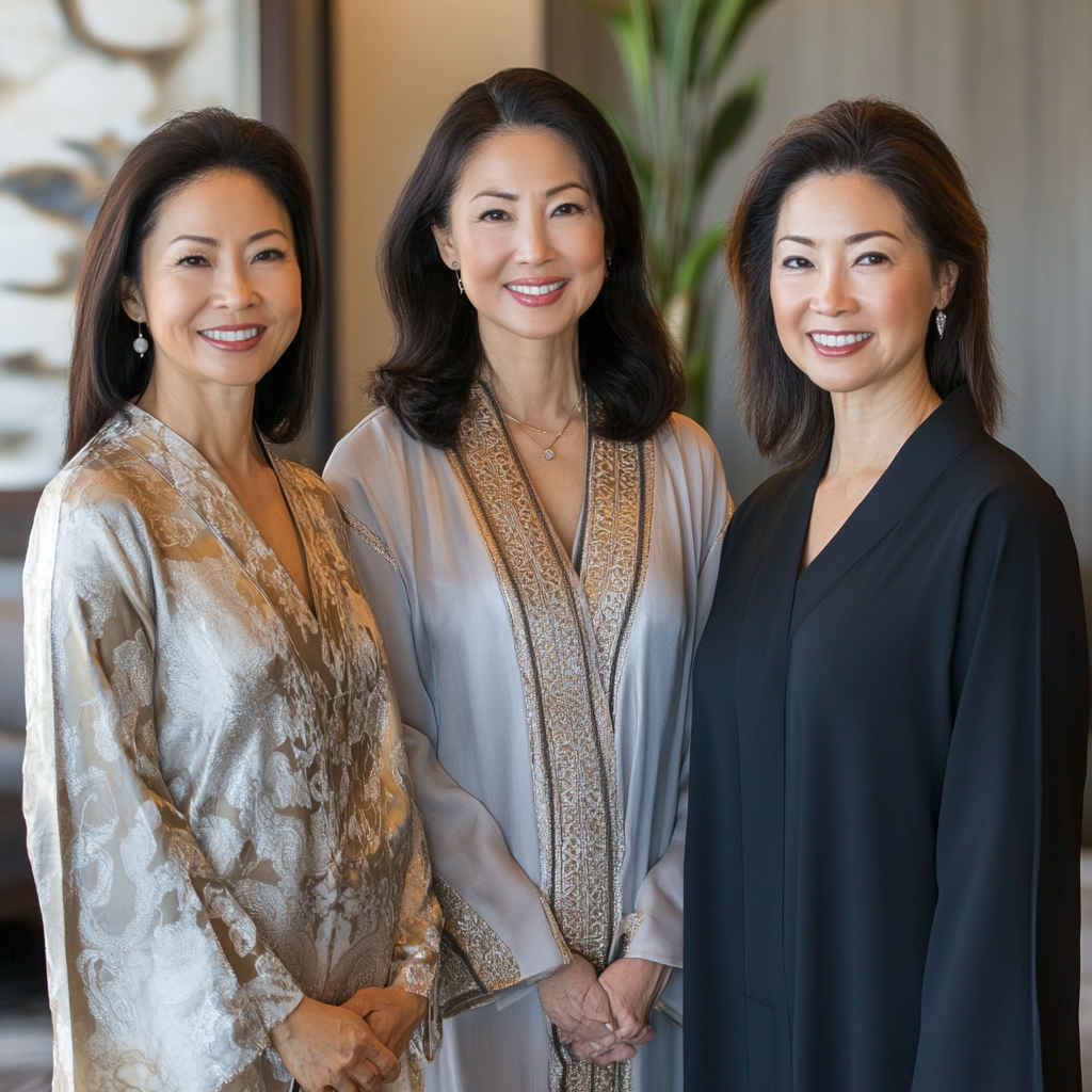 Three professional Asian women in elegant attire.