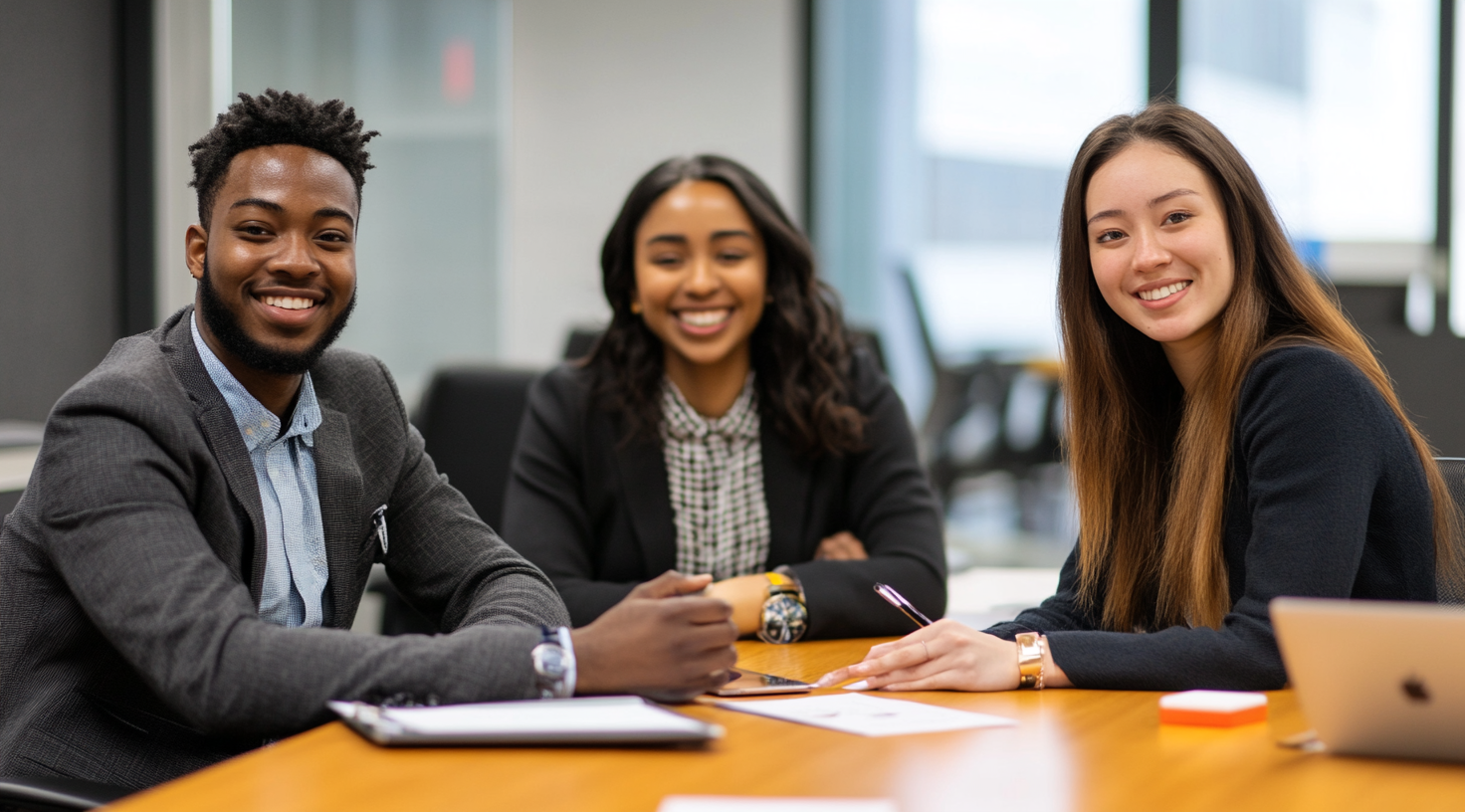 Three professionals meeting at office table, smiling. Nikon D850.