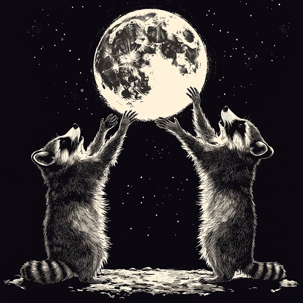 Three raccoons howling at moon in celestial clipart style.