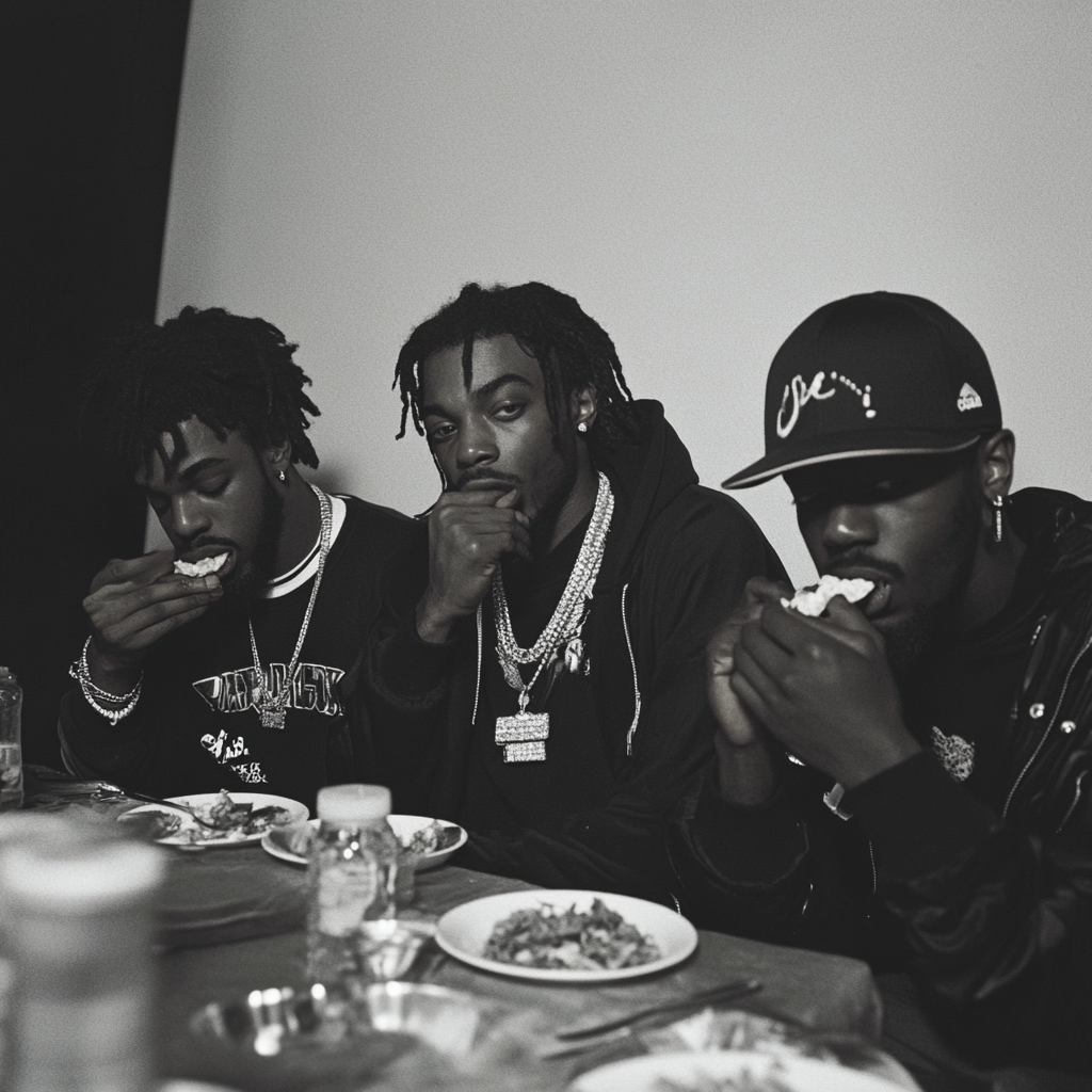 Three rappers sit, one uses silver spoon.