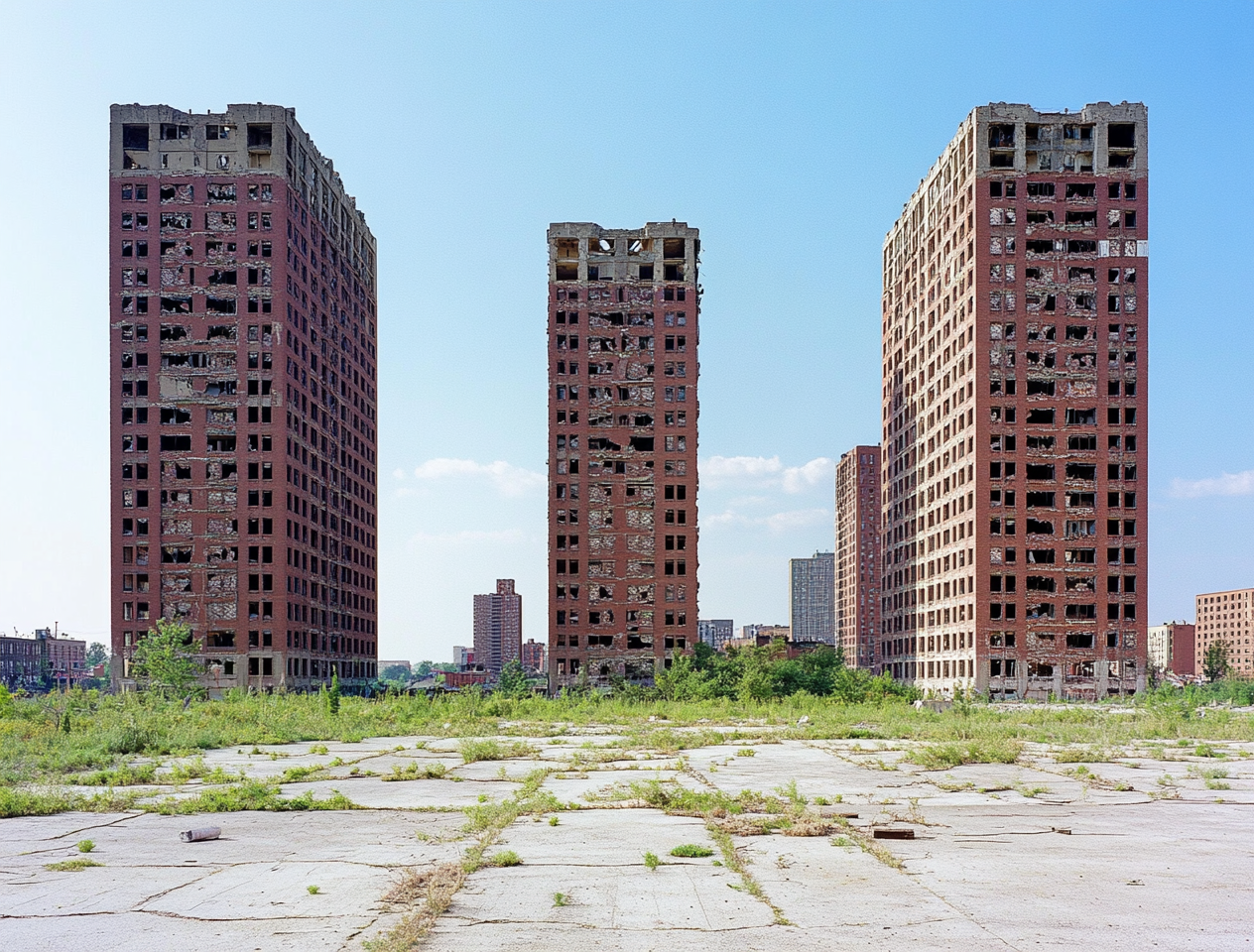 Three residential towers in Detroit with brutalist architecture.