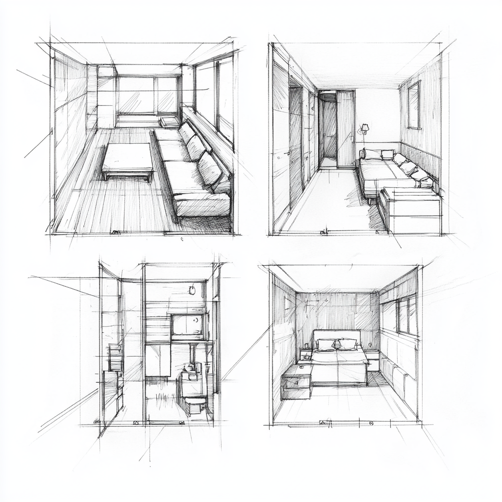 Three room floor plans, apartment with two bedrooms.