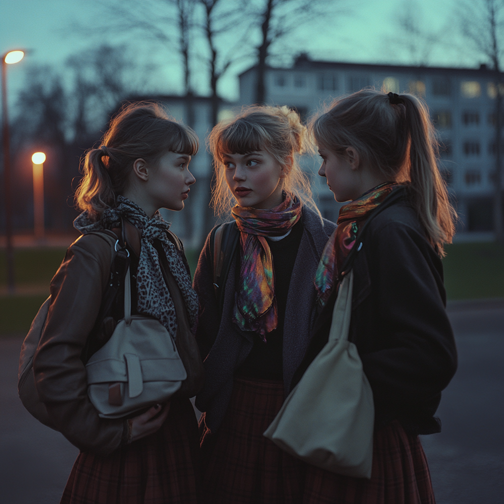 Three scandinavian girls chat outside school at night