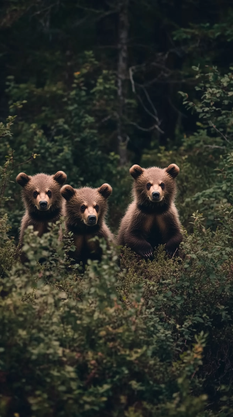 Three small but fierce bear cubs in forest.