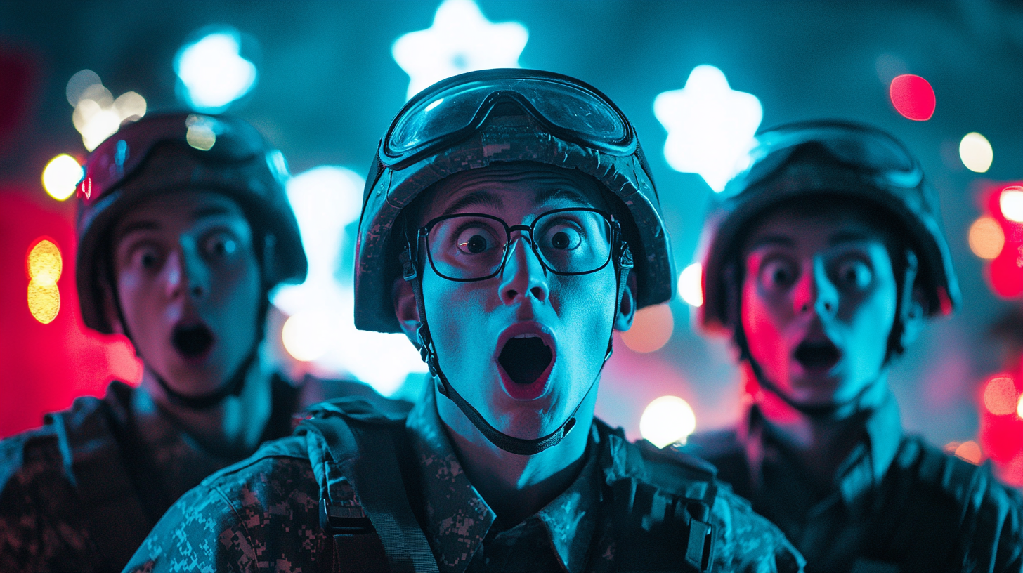 Three soldiers shocked by Christmas decorations on album cover