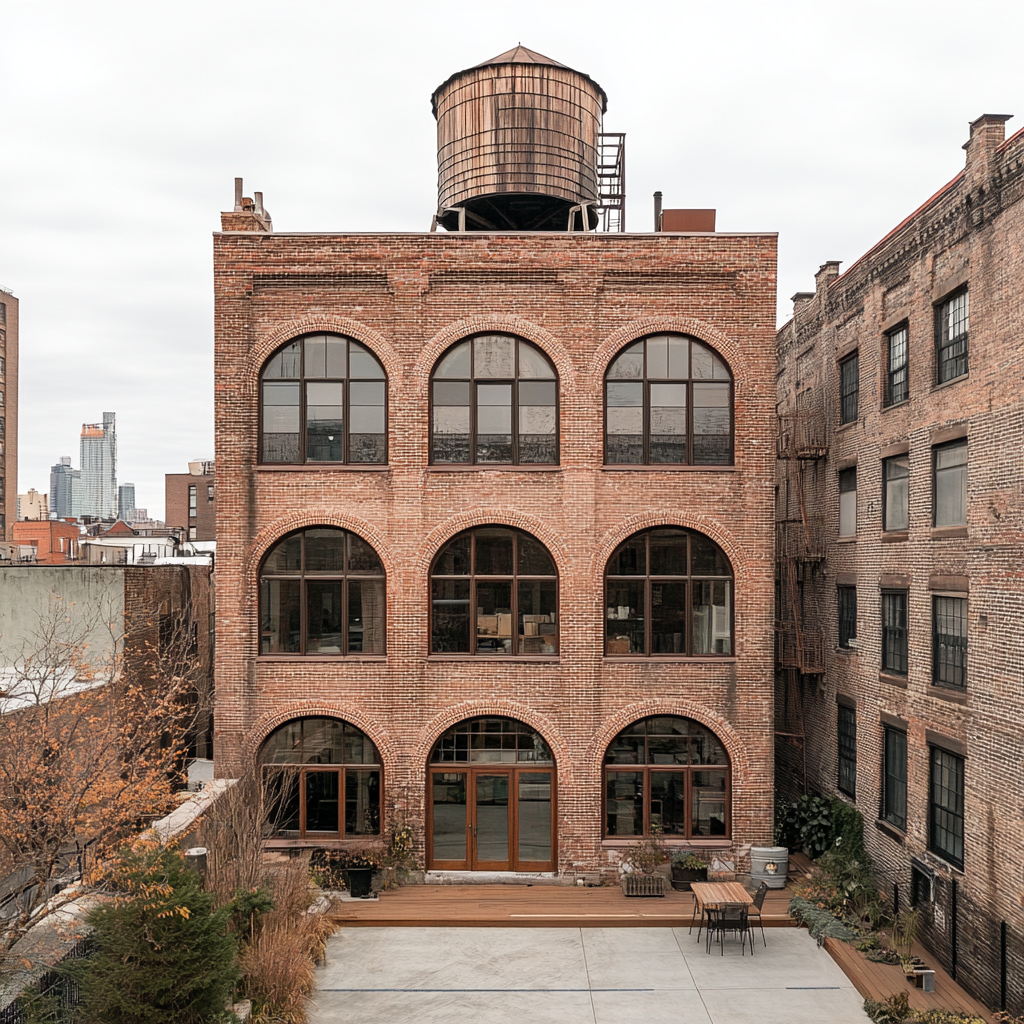 Three-story converted warehouse in NYC with water tower atop.