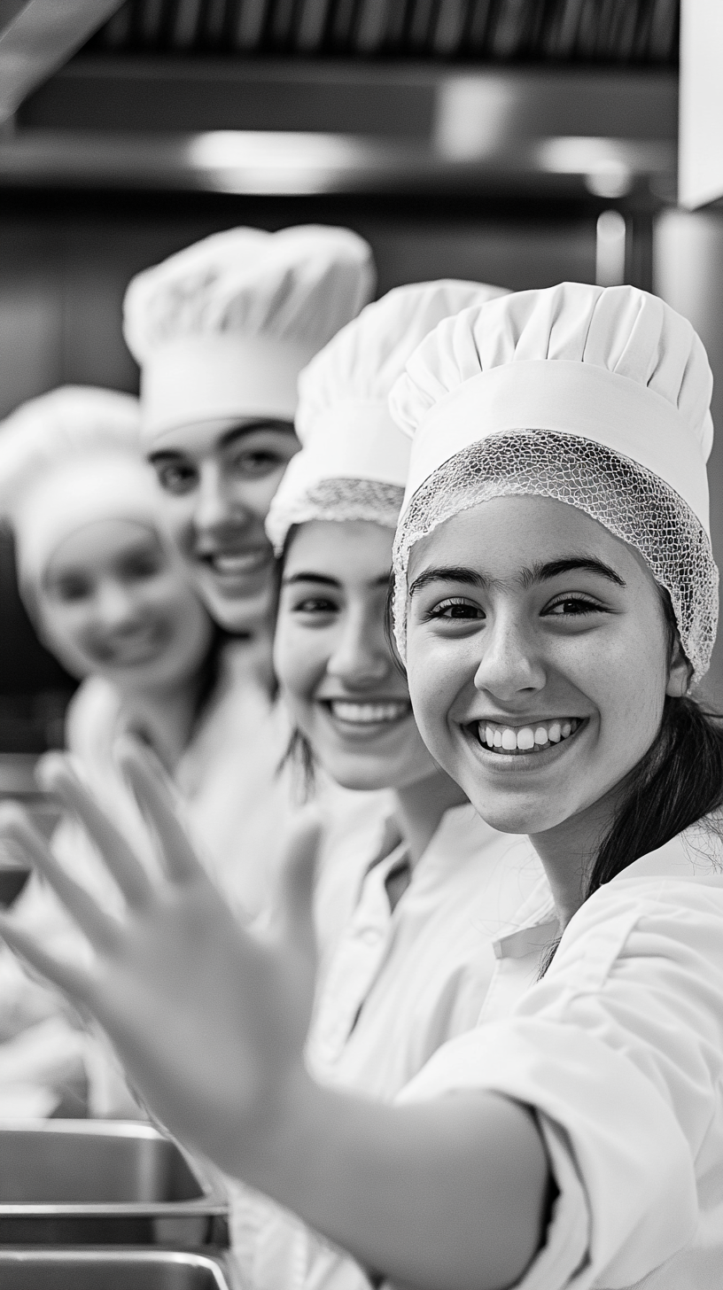 Three student chefs in commercial kitchen, smiling, waving.