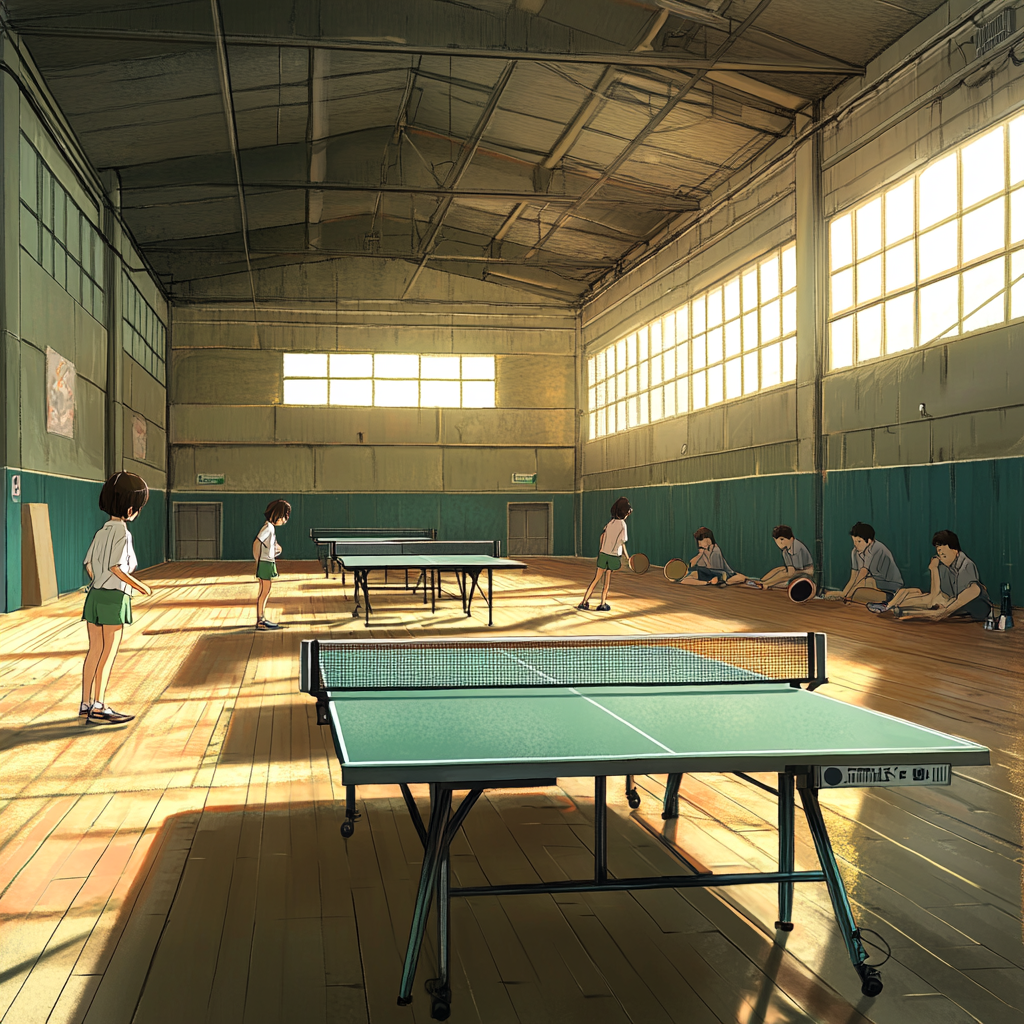 Three table tennis tables full of happy players.