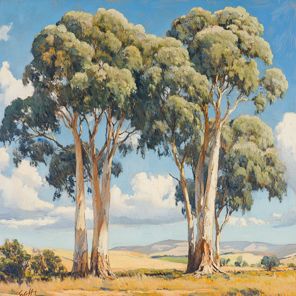 Three tall eucalyptus trees under the sky in a painting.