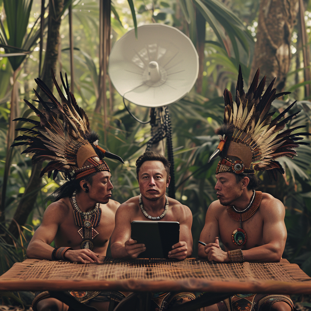 Three tribe members watch tablet with Elon Musk surprised.