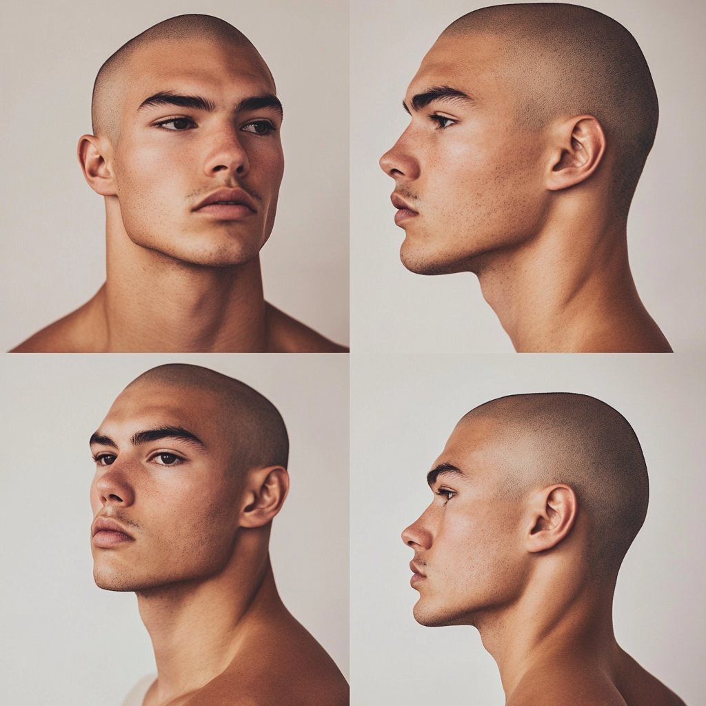 Three views of a bald, slim man