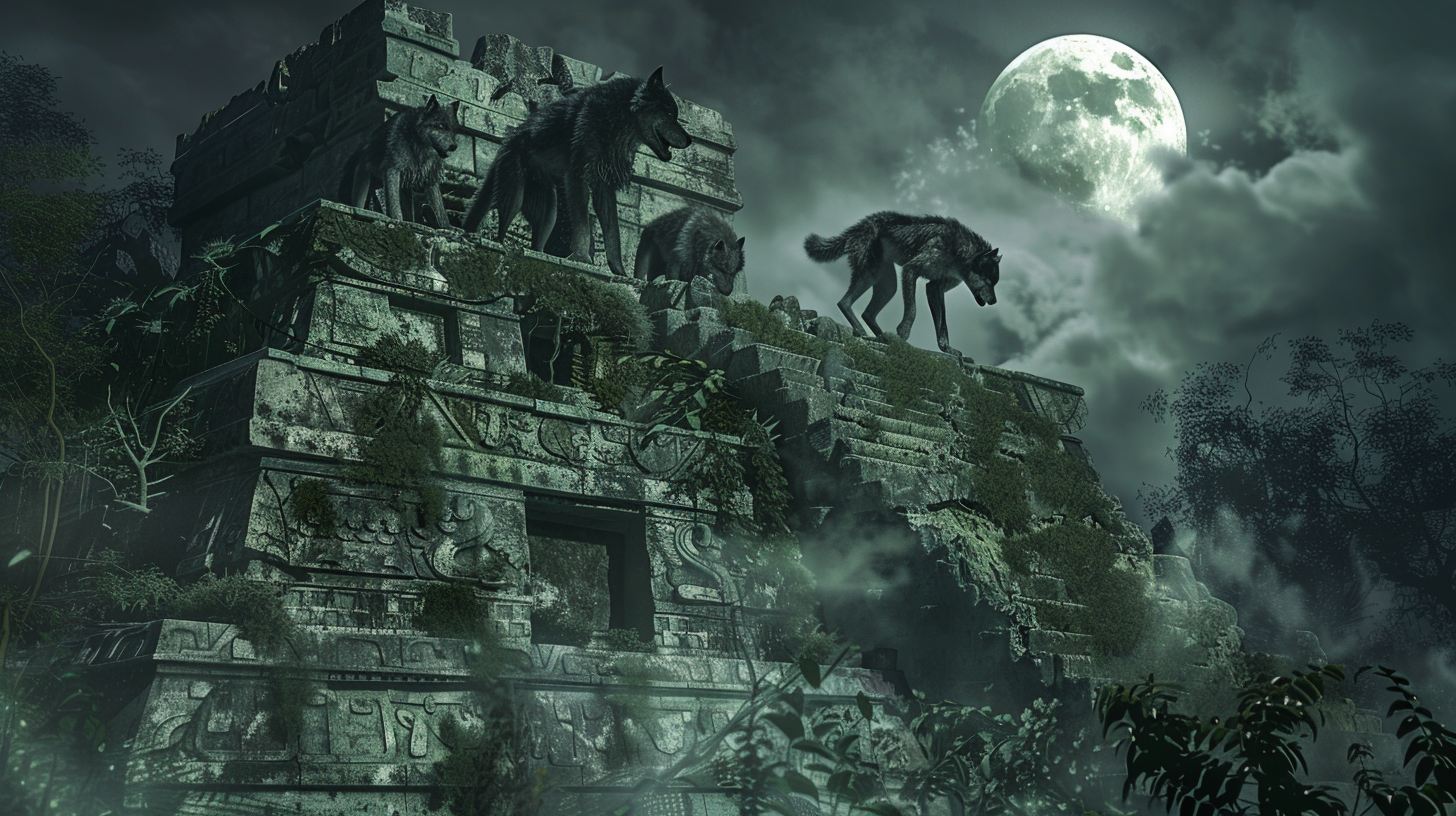 Three werewolves on Mayan pyramid at night. Full moon.