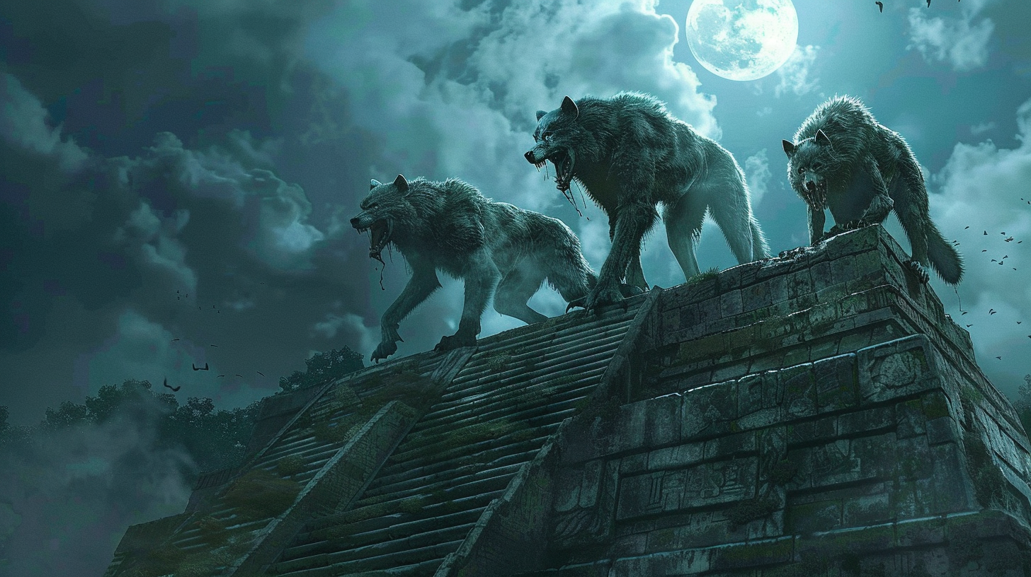 Three werewolves on Mayan pyramid under full moon.