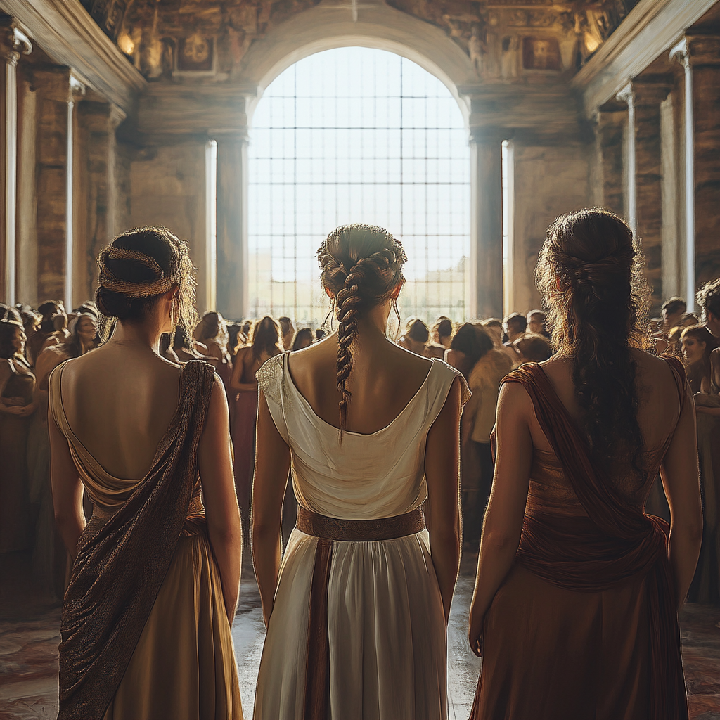 Three women in Greek clothing at Halloween party