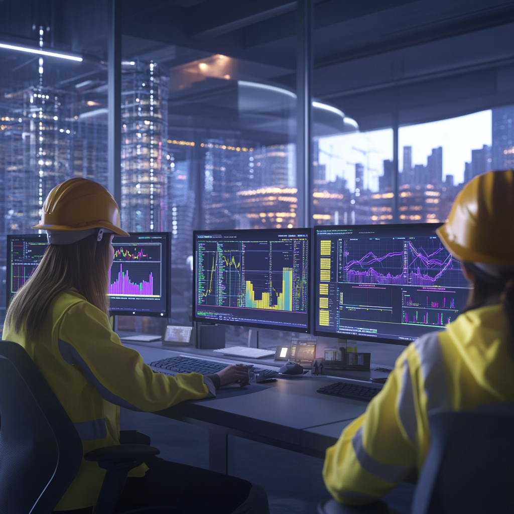 Three women in construction attire with computers showing data.