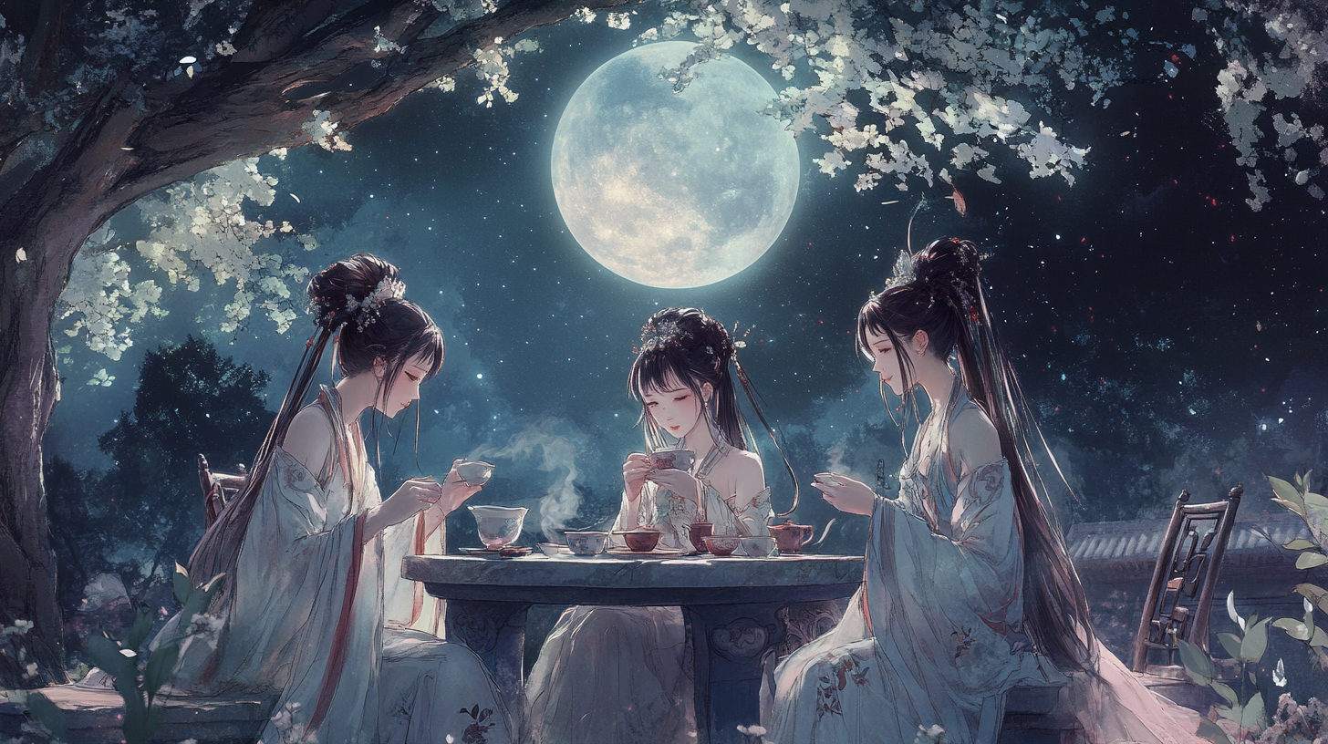 Three young girls in Chinese costumes chatting under moonlit osmanthus tree