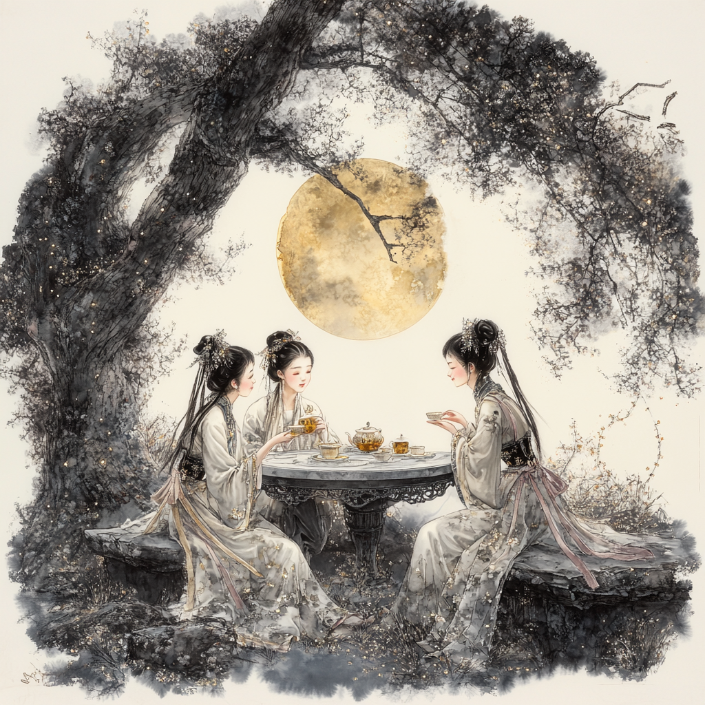 Three young girls in Chinese costumes under osmanthus tree