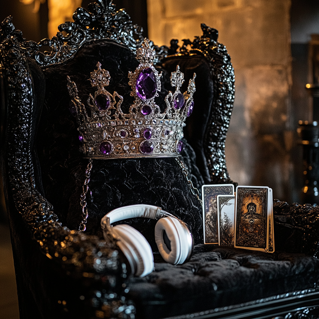 Throne chair with silver crown, headphones, and tarot deck.