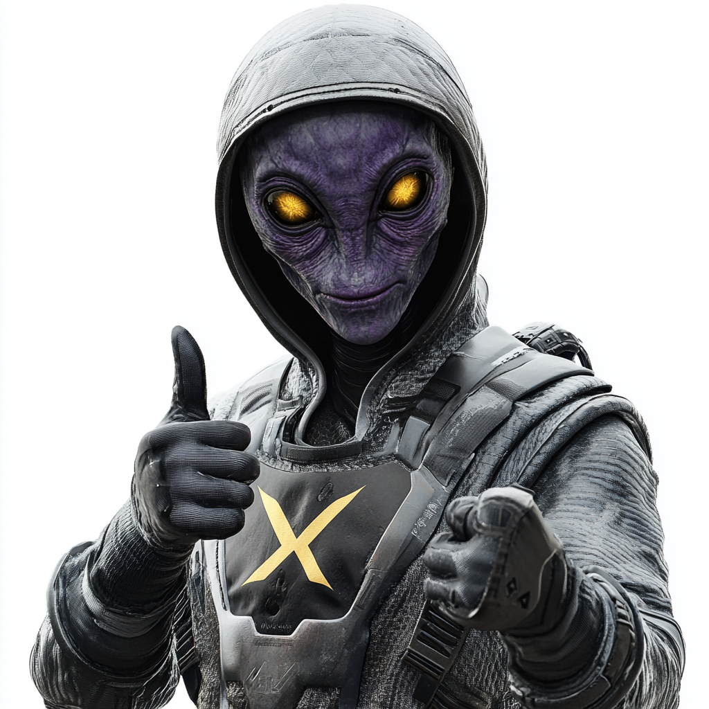 Thumbs up from grey alien in high tech armor.