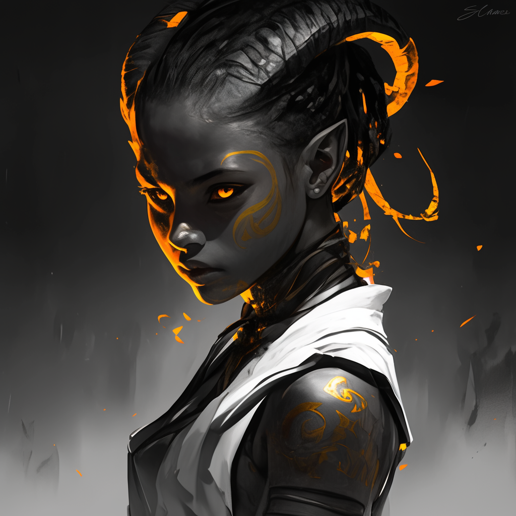 Tiefling girl with glowing eyes and vampire fangs, martial arts.