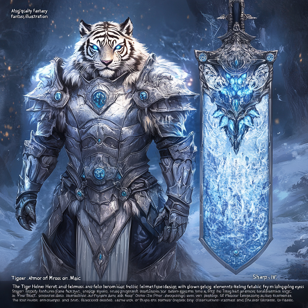 Tiger Helmet, Armor, and Frost Shield fantasy illustration.