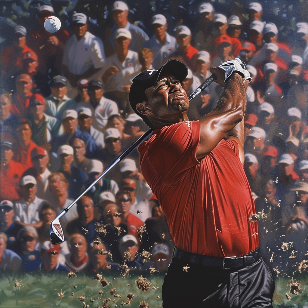 Tiger Woods executing precise flop shot near green, crowd watches.