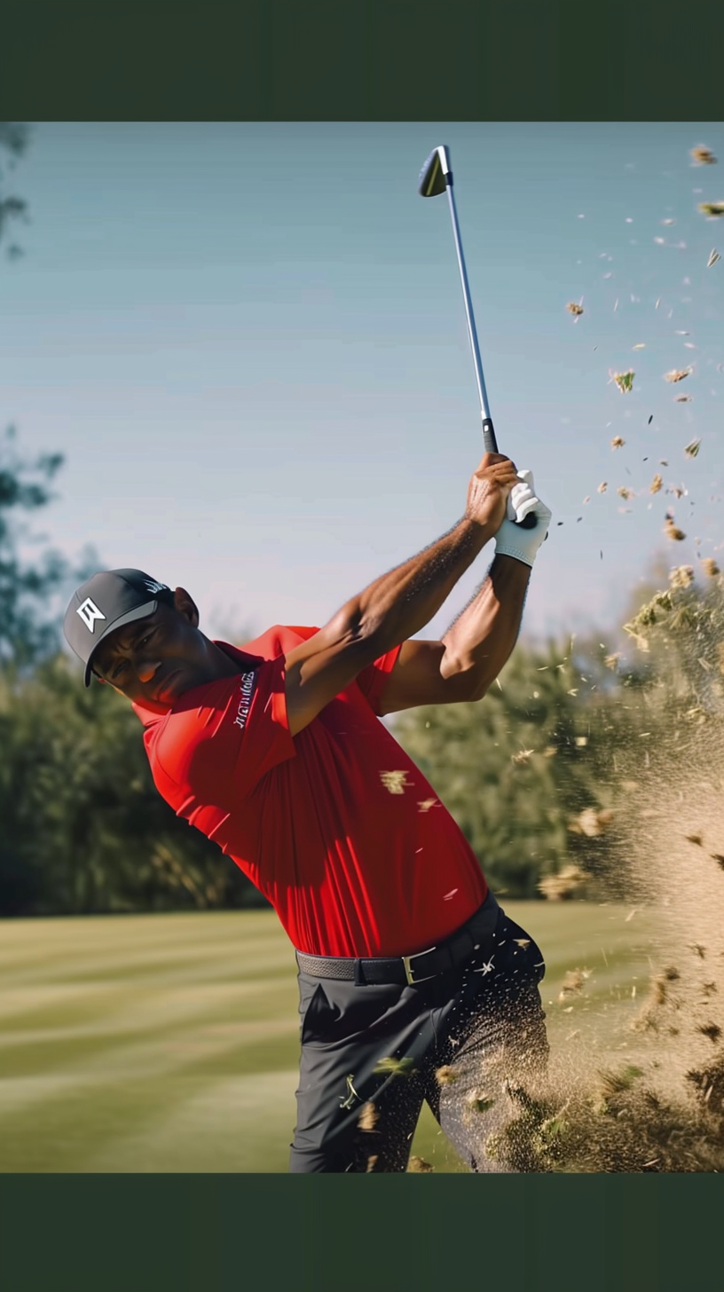 Tiger Woods hits perfect flop shot on sunny golf course.