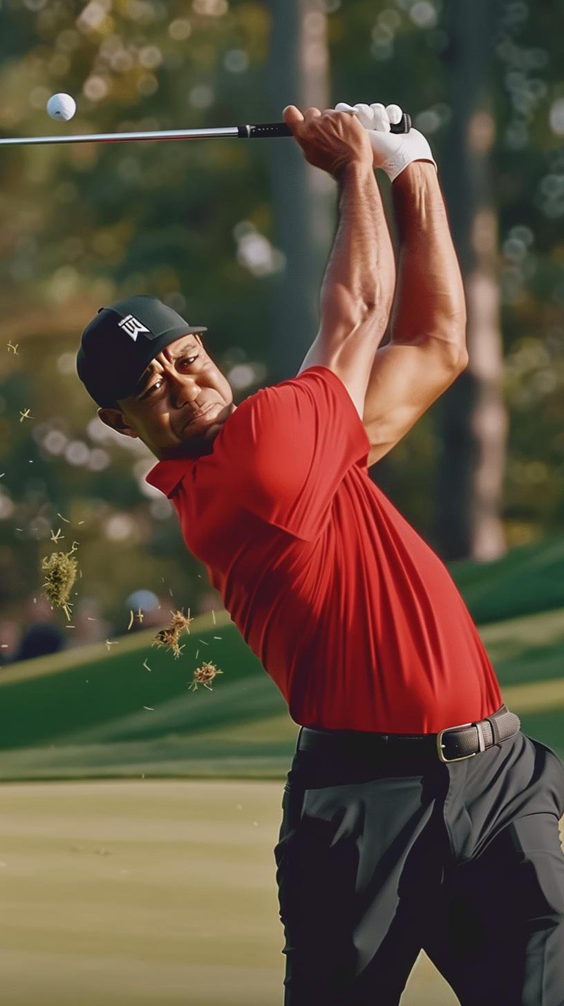 Tiger Woods hitting perfect flop shot on sunny golf course