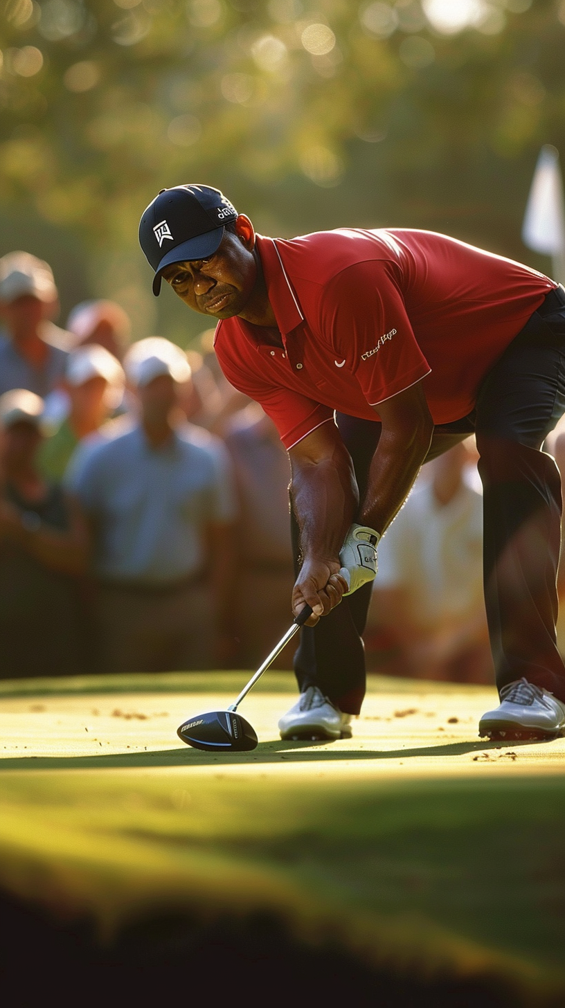 Tiger Woods in red shirt hits flop shot gracefully.