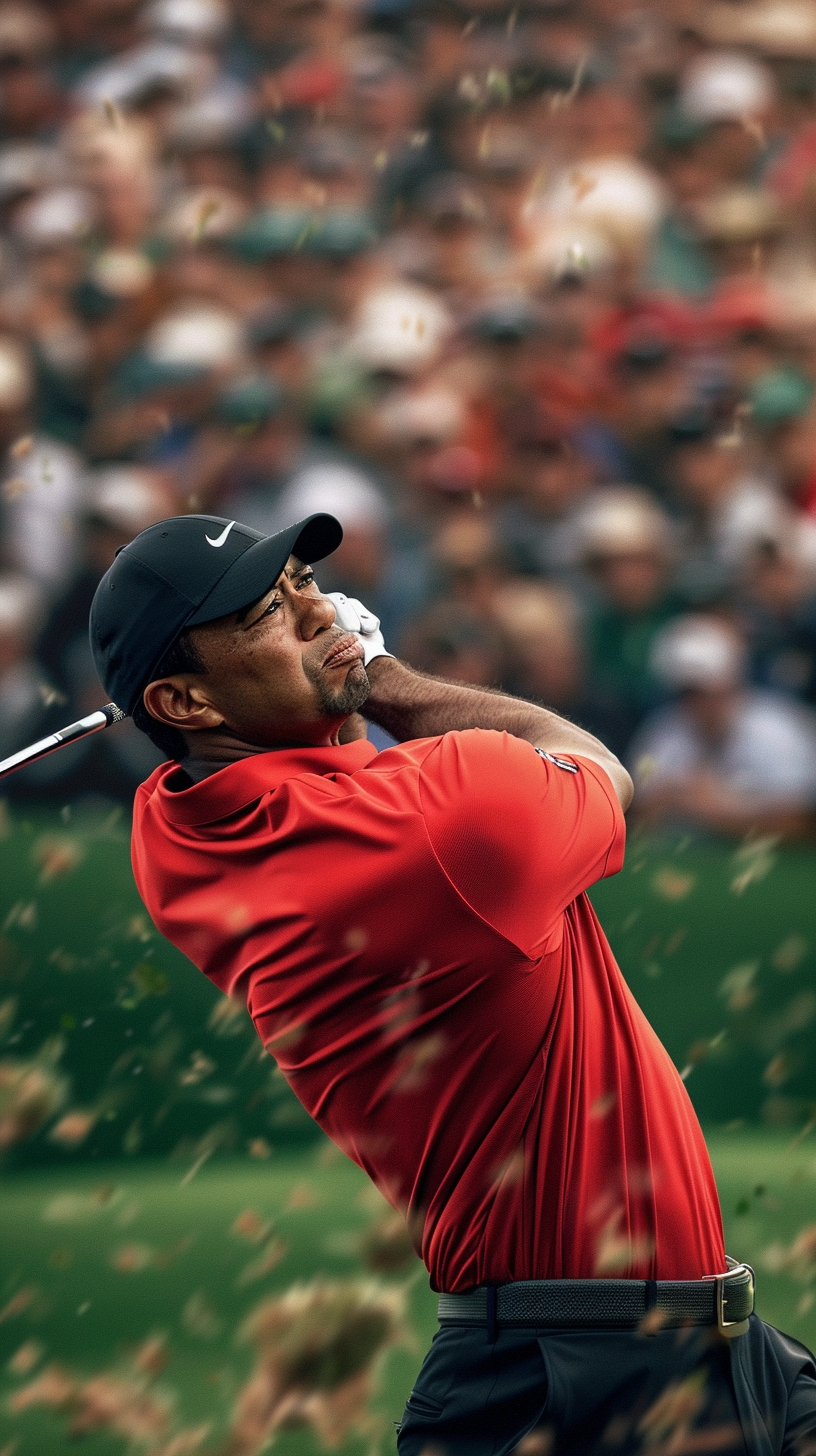 Tiger Woods in red shirt hitting flop shot. Crowd watches.