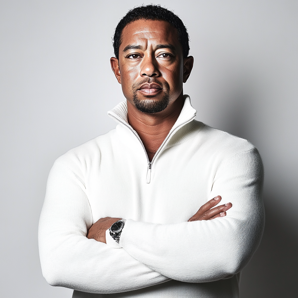 Tiger Woods in white sweater, arms crossed in studio.