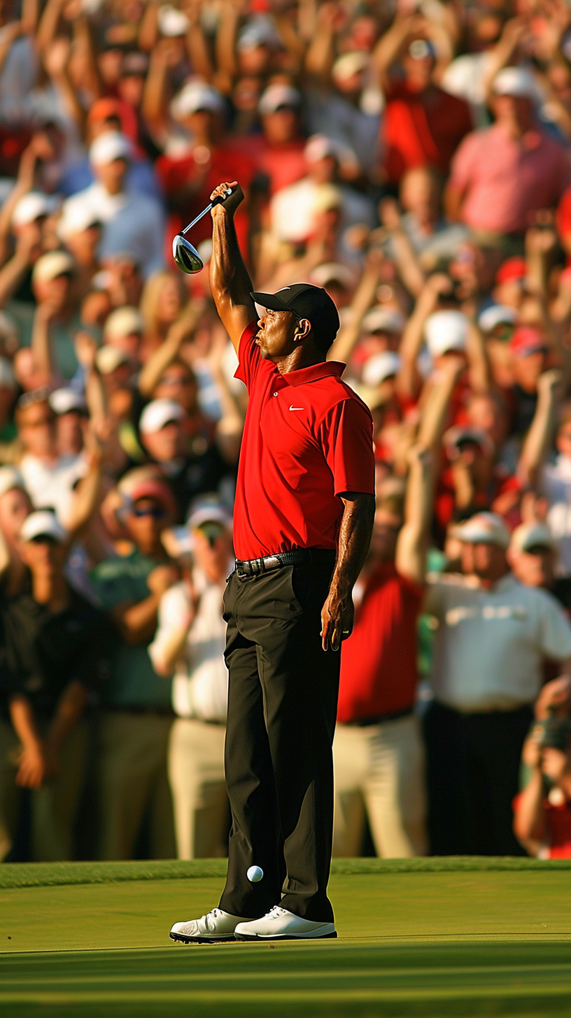 Tiger Woods nails flop shot, crowd cheers his victory.