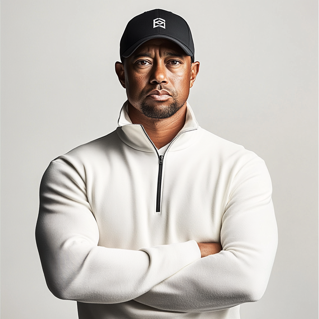 Tiger Woods standing in studio with arms crossed.