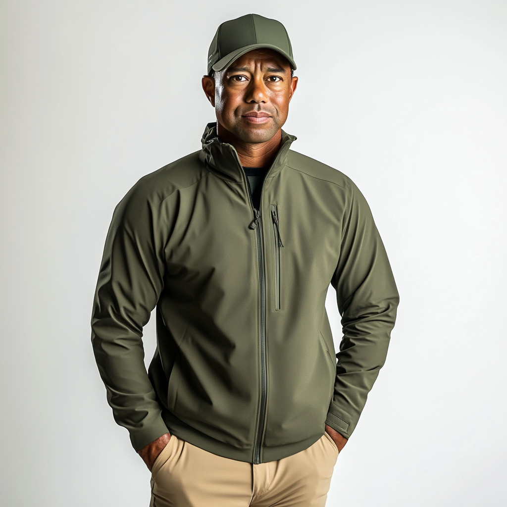 Tiger Woods wearing luxury sports wear in neutral colors.