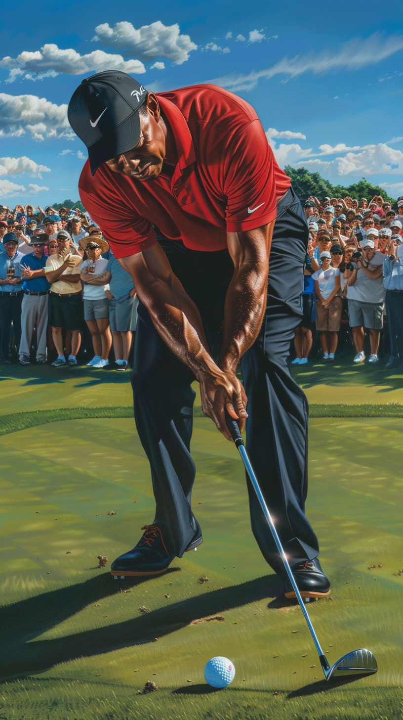 Tiger Woods wearing red shirt plays precise flop shot.