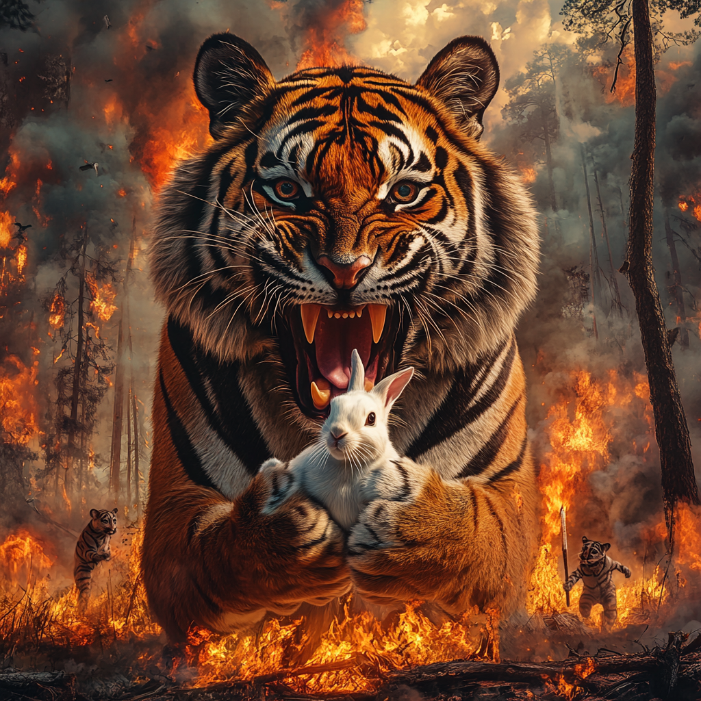 Tiger holding rabbit with burning forest background