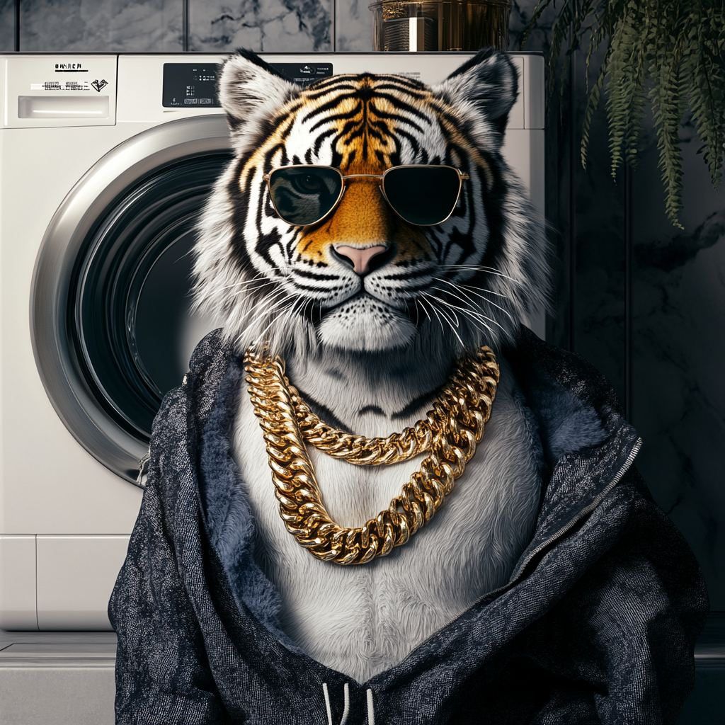 Tiger in Funky Style Next to Washing Machine