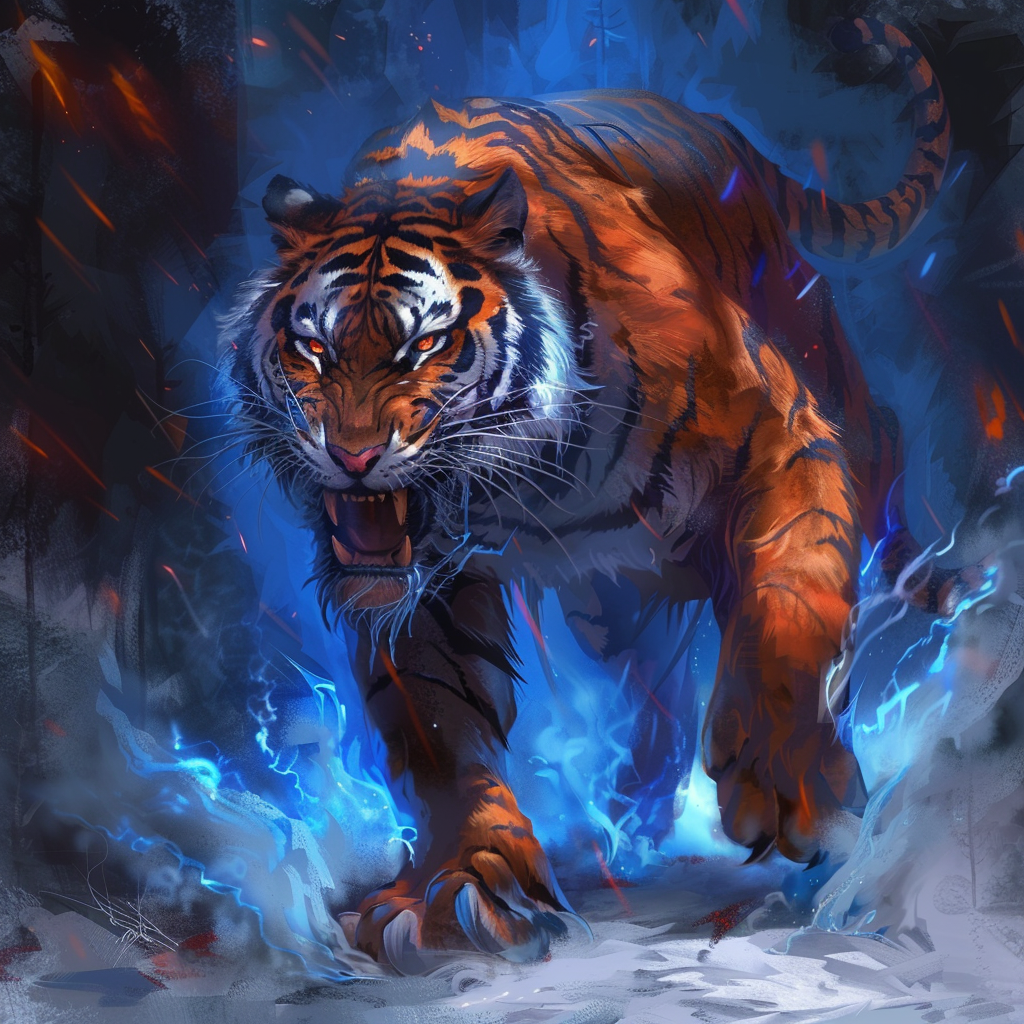 Tiger in dungeons and dragon art with fiery background.