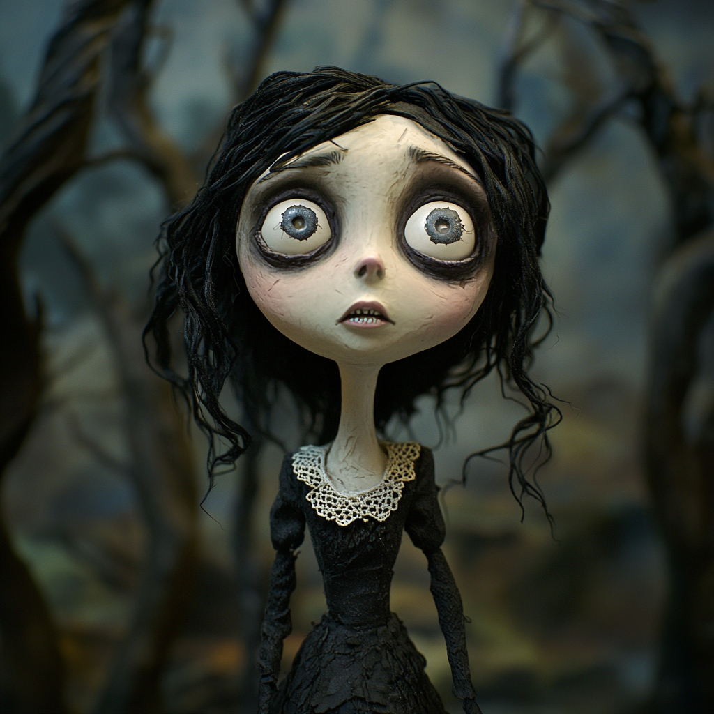 Tim Burton-inspired claymation girl with pale skin, dark hair.