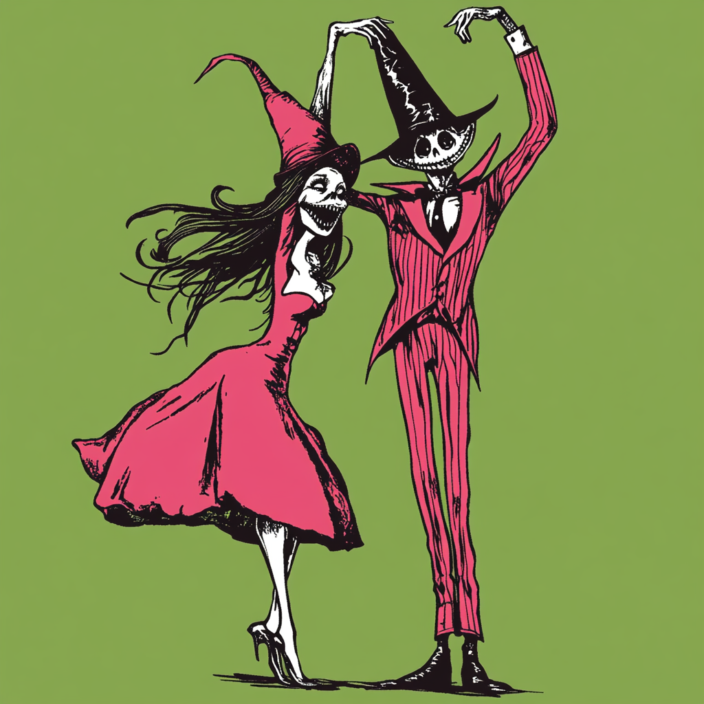 Tim Burton style with witch, devil, dancing characters, whimsical.