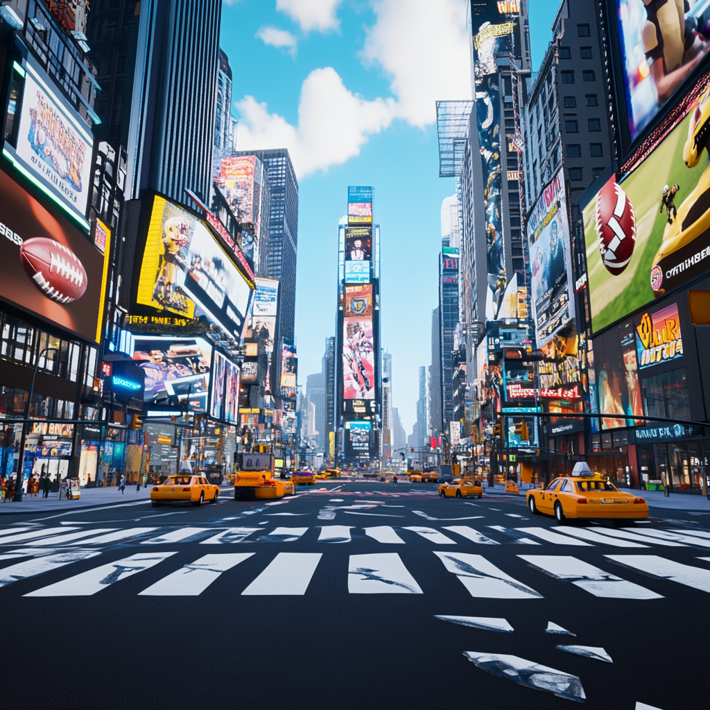 Times Square street with American football yardage markings